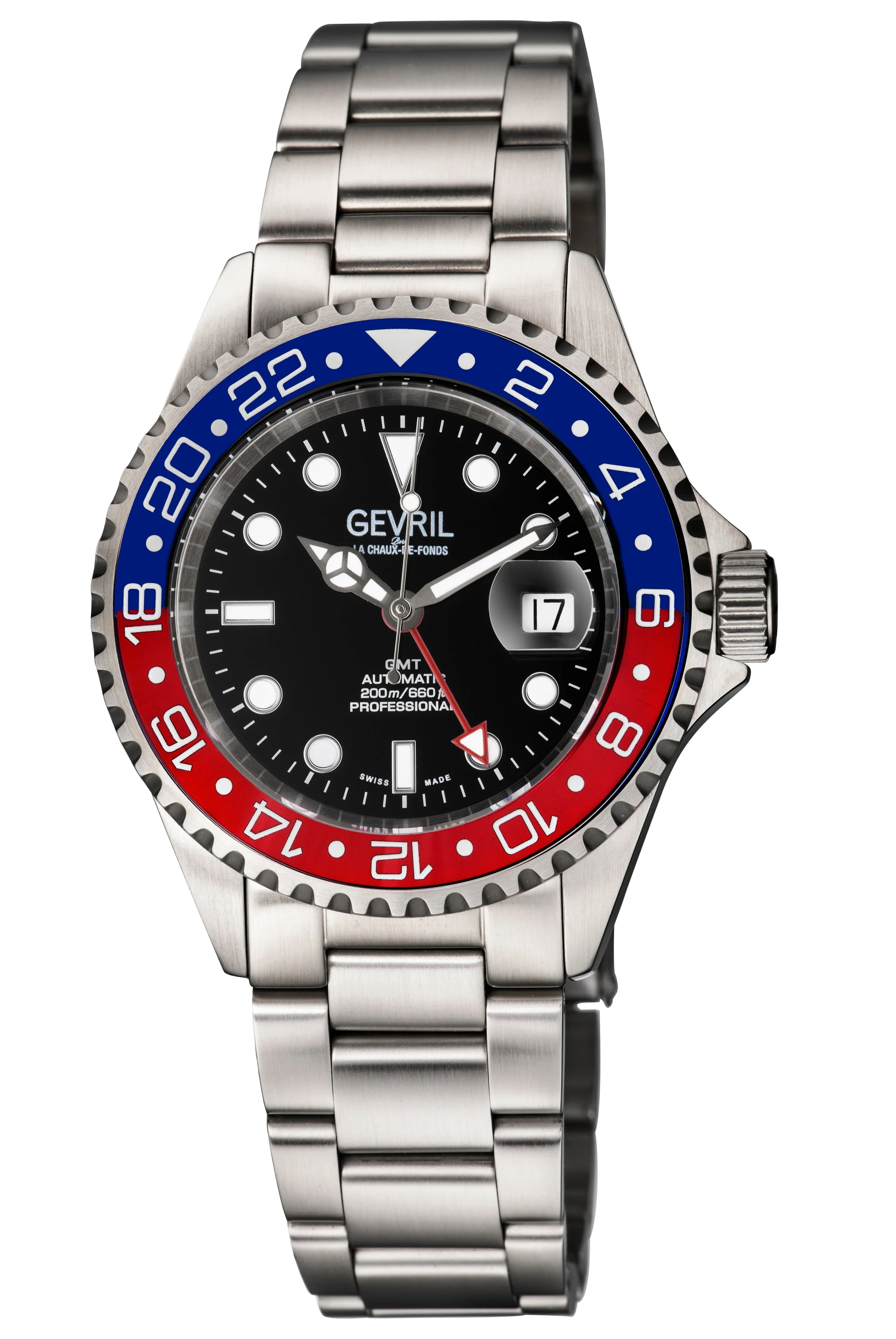 Wall Street GMT Swiss Made SW330 GMT Swiss Automatic Diver's watch blue/red | Black Dial - Image 4