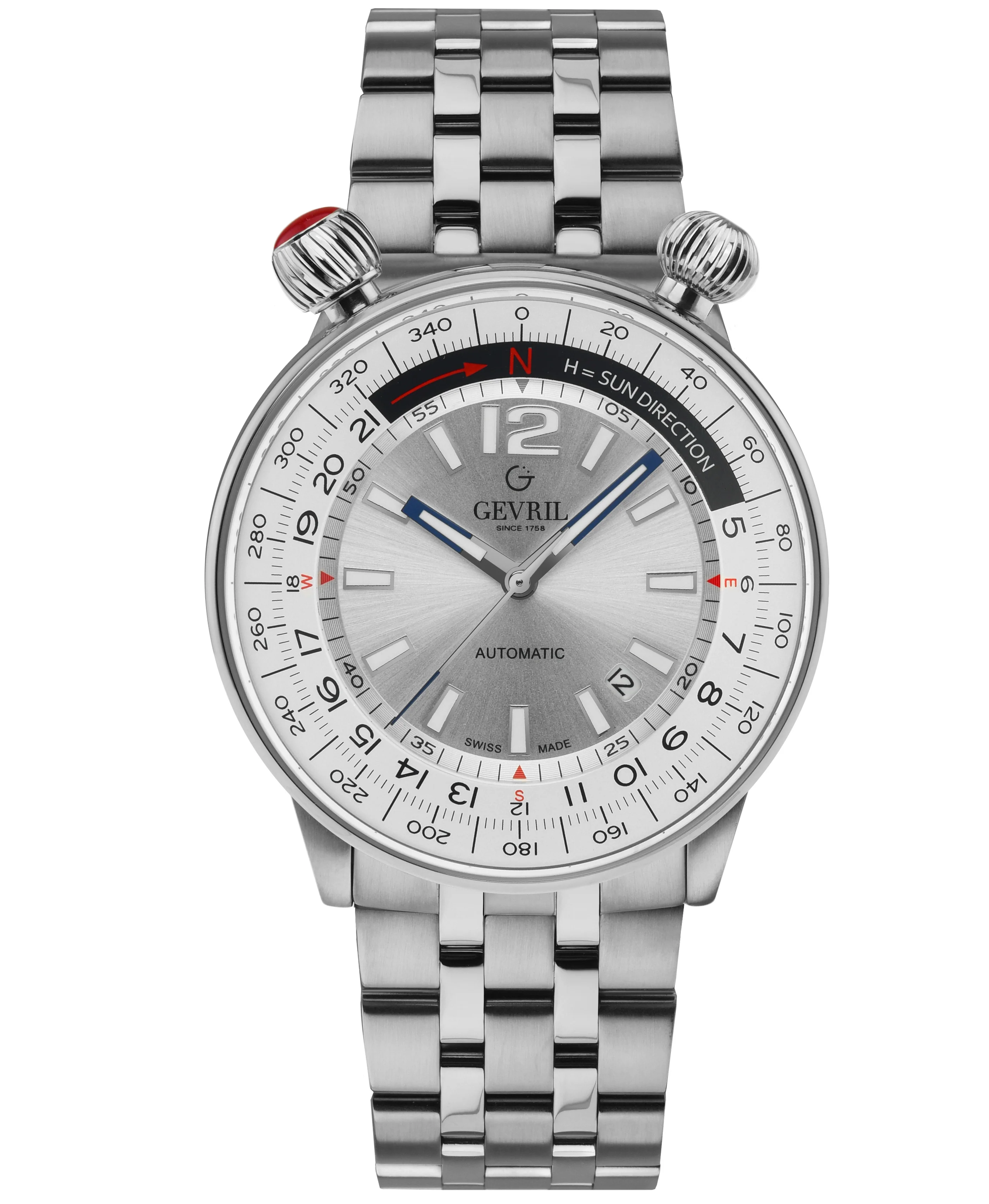 Wallabout Swiss Made Automatic Solar compass Stainless Steel Watch | Silver Dial