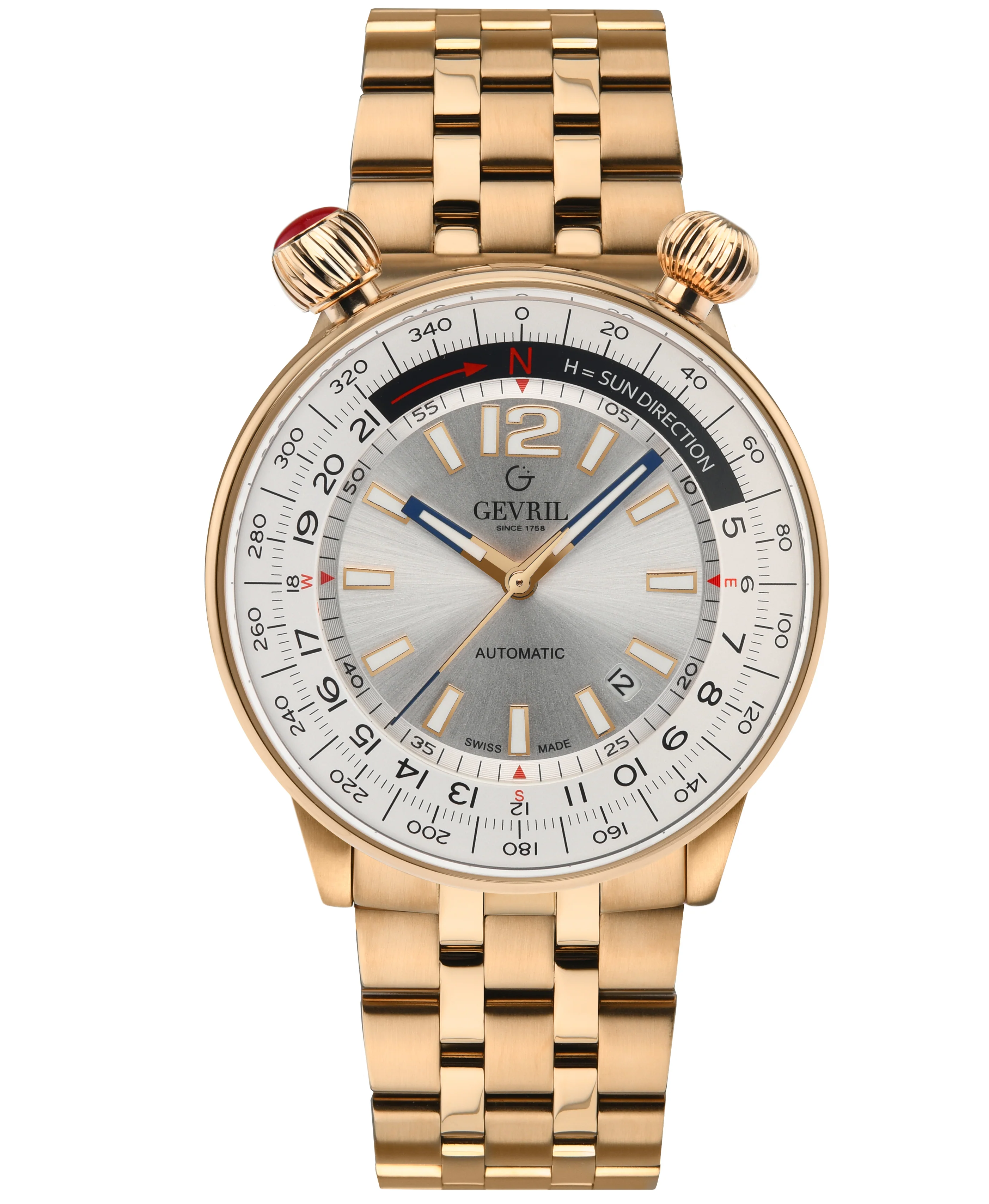 Wallabout Gevril Swiss Made Automatic Solar compass Rose Gold tone watch | Silver Dial