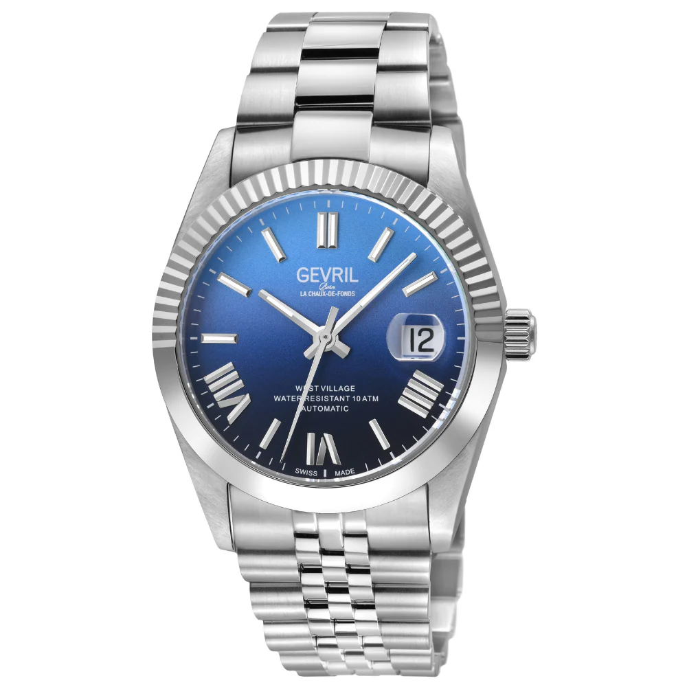 West Village Fusion Elite Gevril Sellita SW200 Swiss Made Automatic Watch Cobalt Horizon Gradient (Blue) magnify date sapphire crystal | Blue Dial