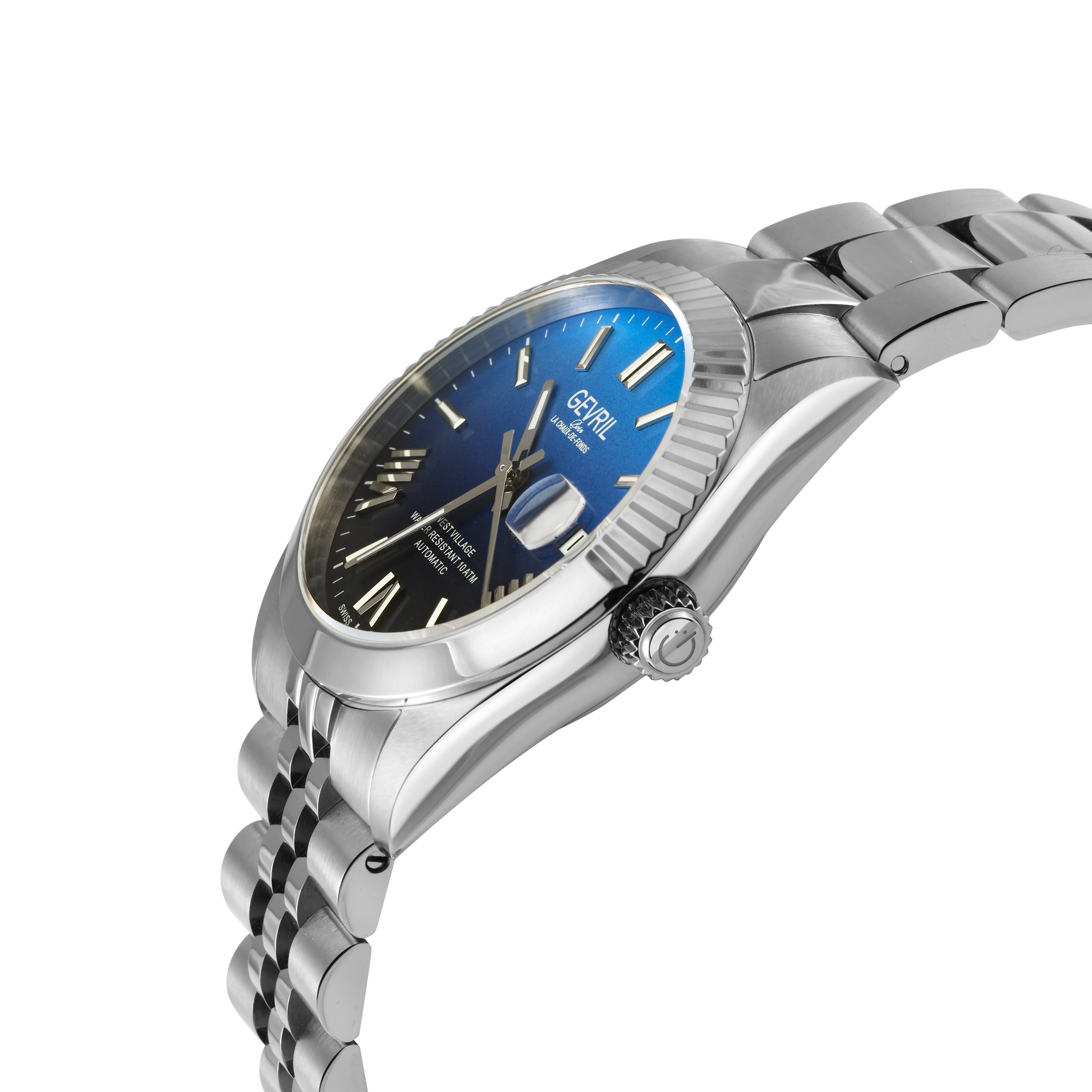 West Village Fusion Elite Gevril Sellita SW200 Swiss Made Automatic Watch Cobalt Horizon Gradient (Blue) magnify date sapphire crystal | Blue Dial - Image 2