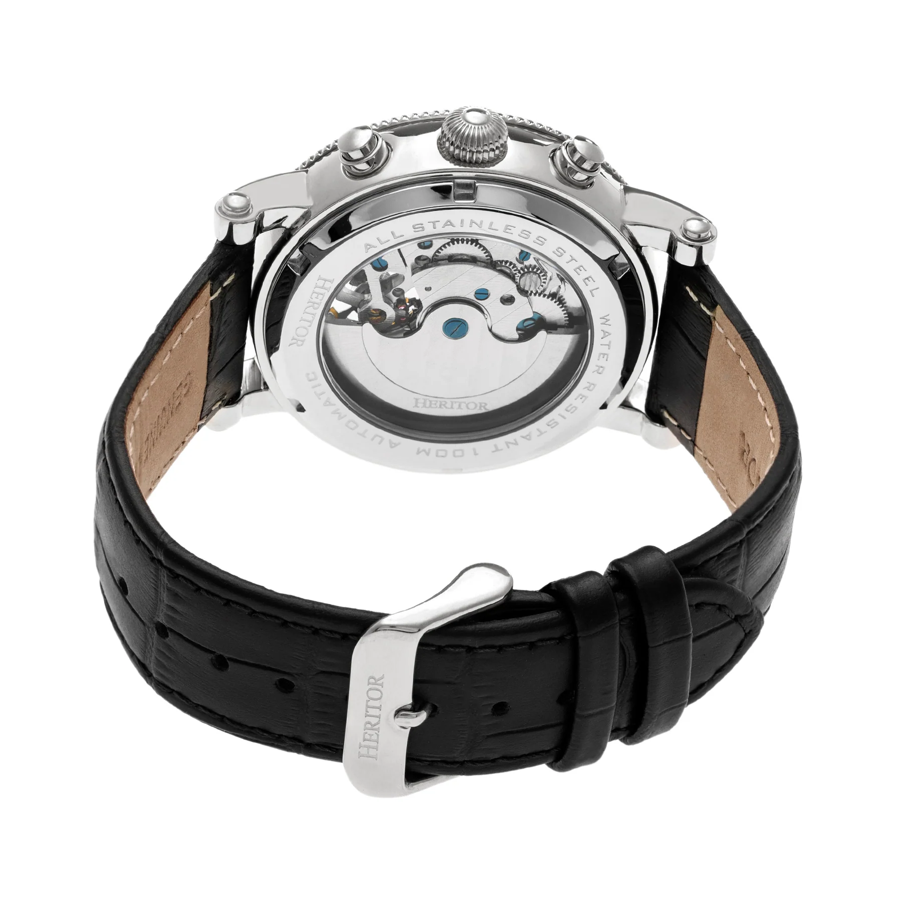 Winston Semi-Skeleton Leather-Band Watch Silver/Black | Black Dial - Image 2