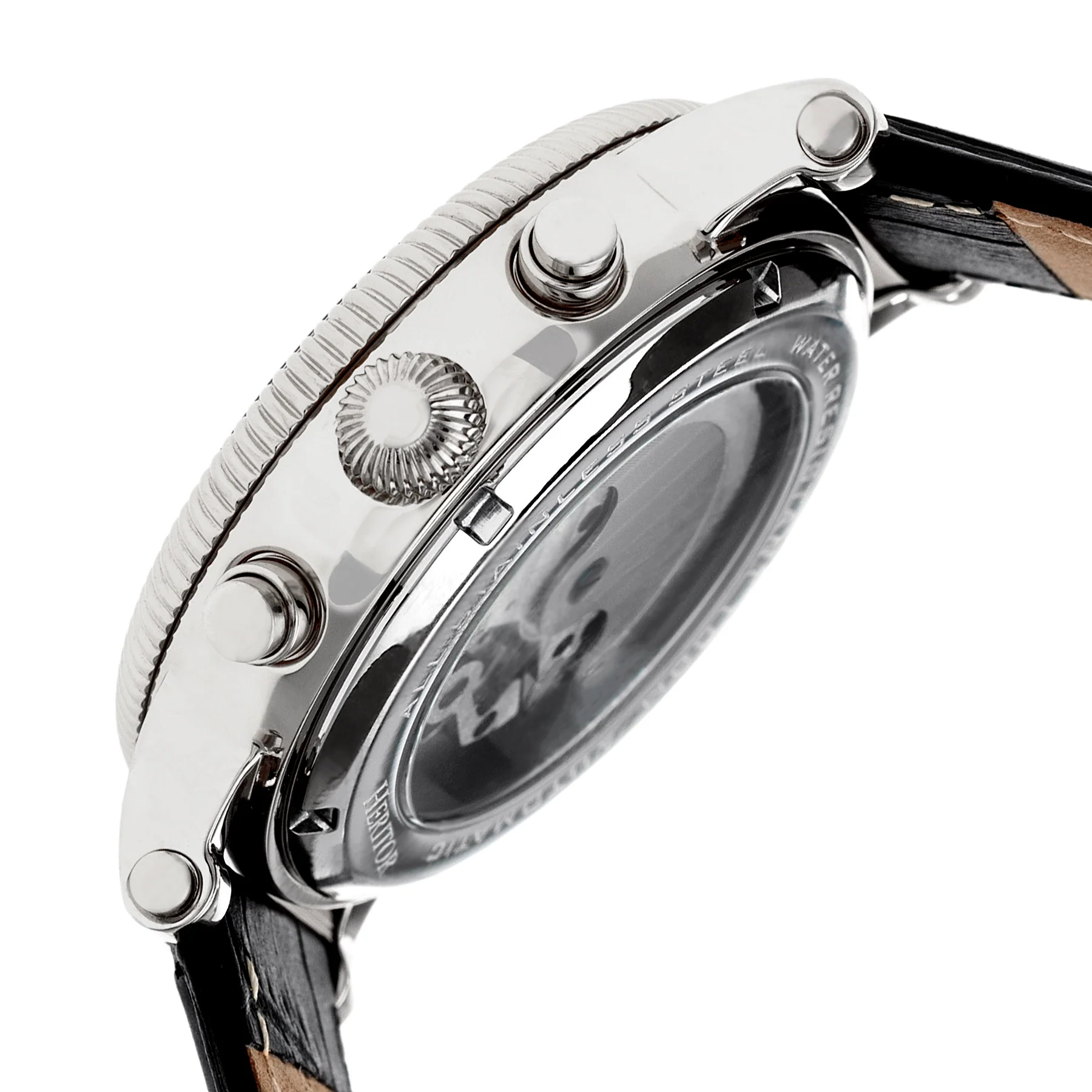 Winston Semi-Skeleton Leather-Band Watch Silver/Black | Black Dial - Image 3