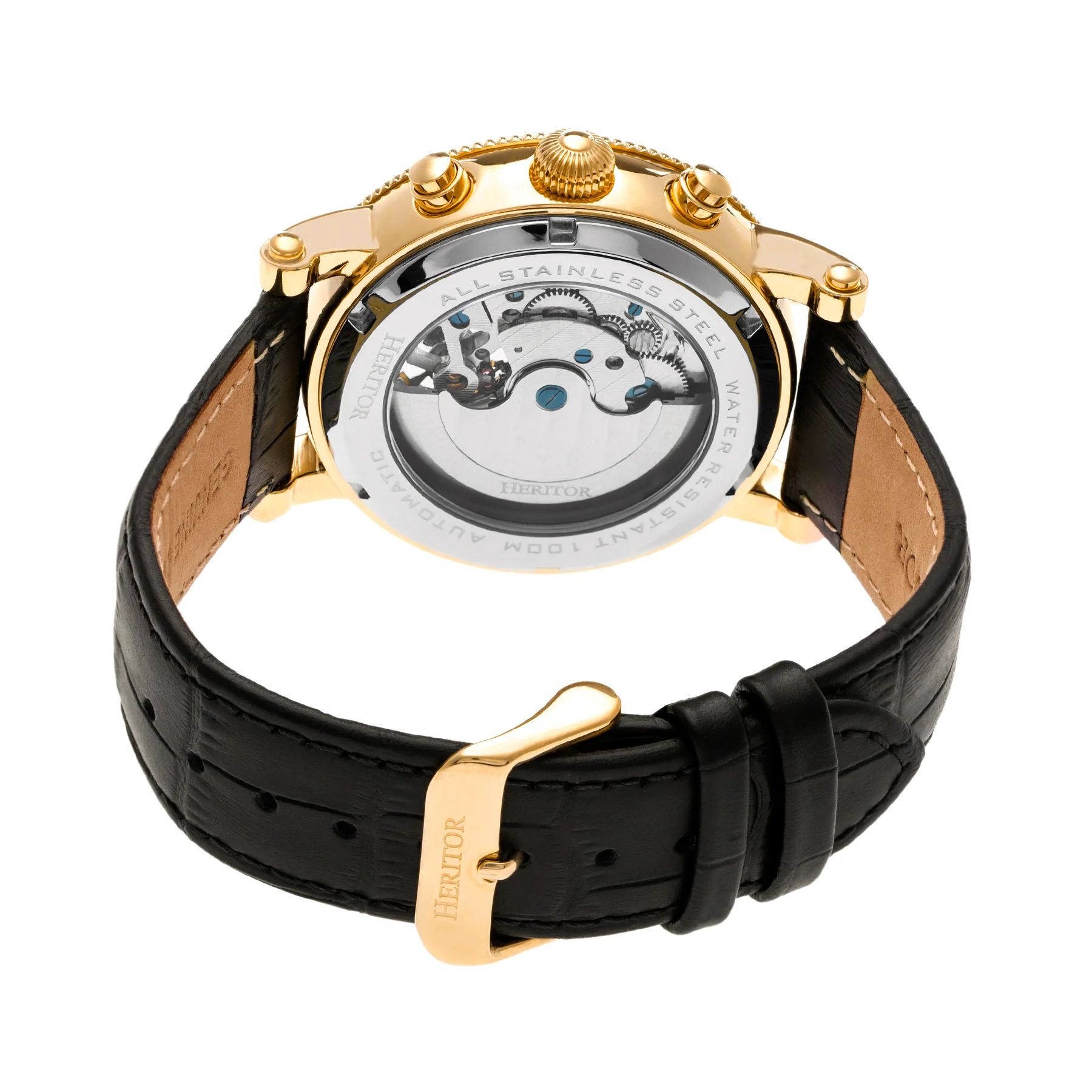 Winston Semi-Skeleton Leather-Band Watch Gold/Black | Black Dial - Image 2