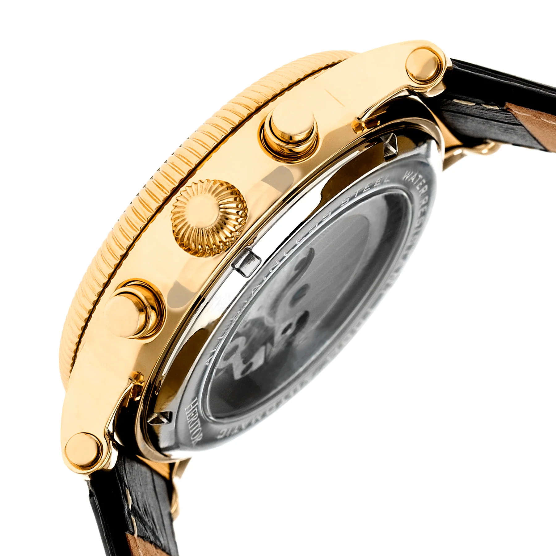Winston Semi-Skeleton Leather-Band Watch Gold/Black | Black Dial - Image 3