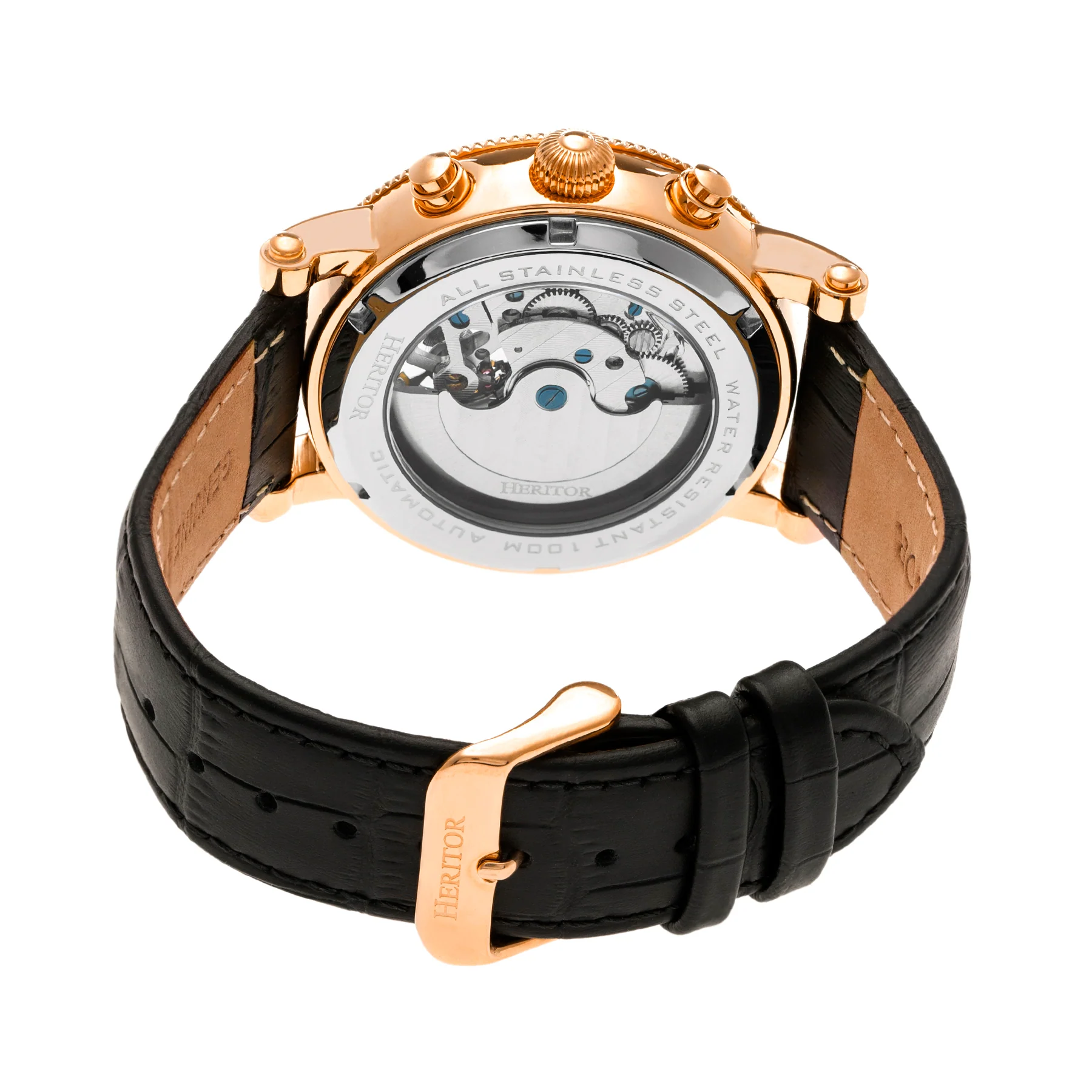 Winston Semi-Skeleton Leather-Band Watch Rose Gold/Black | Black Dial - Image 2