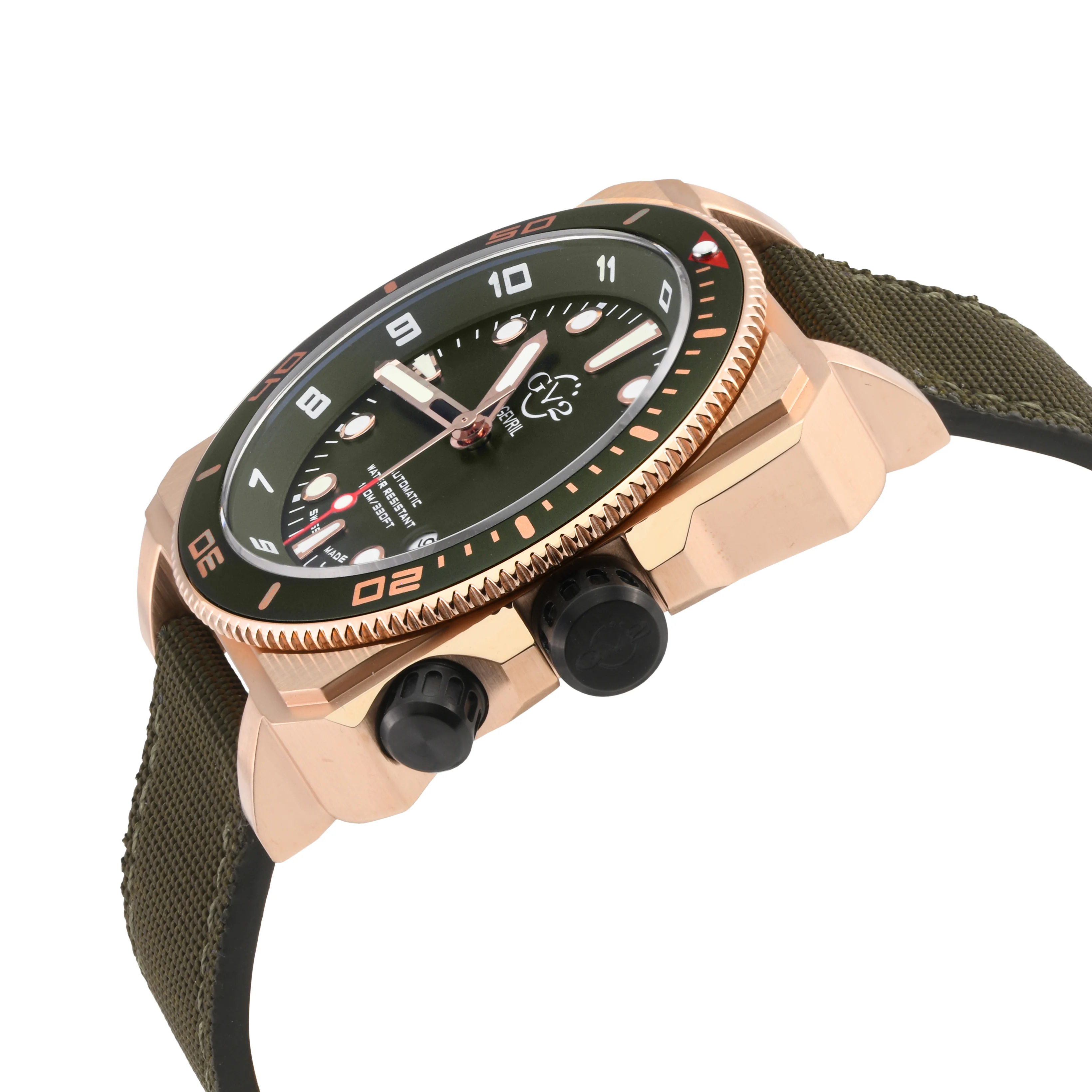 XO small Swiss Made SW200  inner and outer rotating bezel, metal band  olive  Black | Green Dial - Image 3