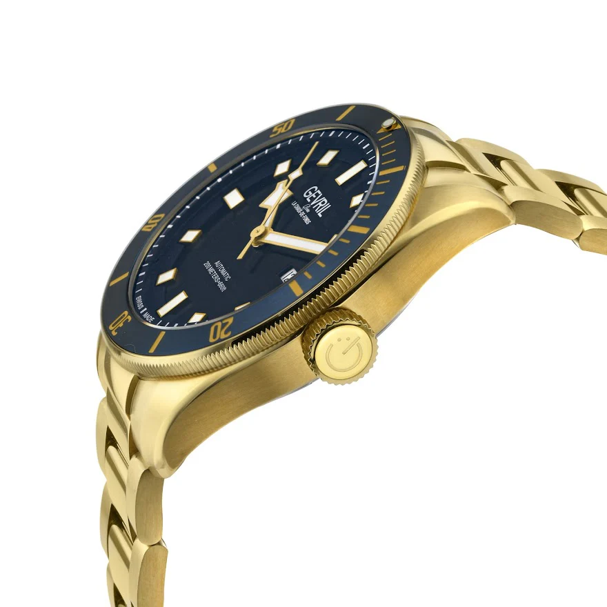 Yorkville Gevril Men's Yorkville Blue Dial Sellita SW200 Swiss Automatic Unidirectional Rotating Bezel Gold Tone Bracelet Date Luminous Watch | Blue Dial - Image 2