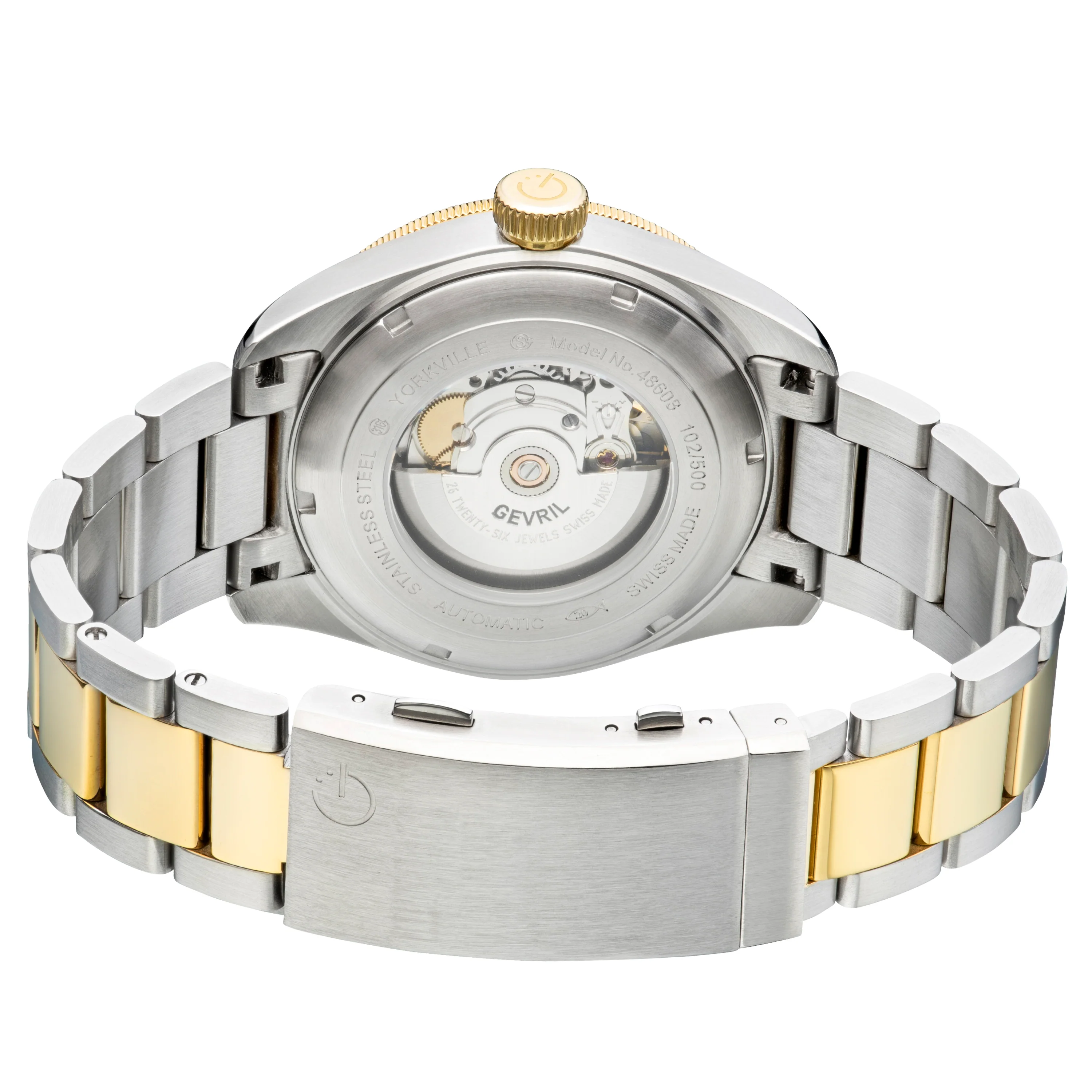 Yorkville Gevril Men's Yorkville Black Dial Sellita SW200 Swiss Automatic Unidirectional Rotating Bezel Two Tone Bracelet Date Luminous Watch | Black Dial - Image 2