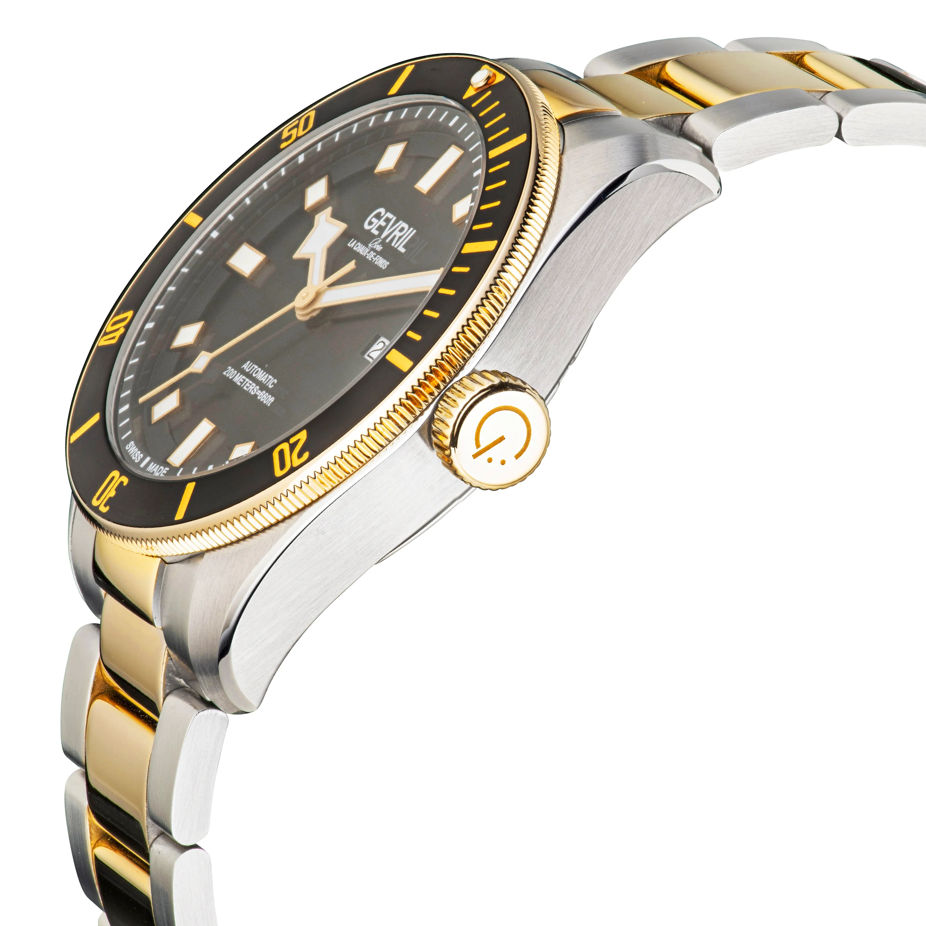 Yorkville Gevril Men's Yorkville Black Dial Sellita SW200 Swiss Automatic Unidirectional Rotating Bezel Two Tone Bracelet Date Luminous Watch | Black Dial - Image 3