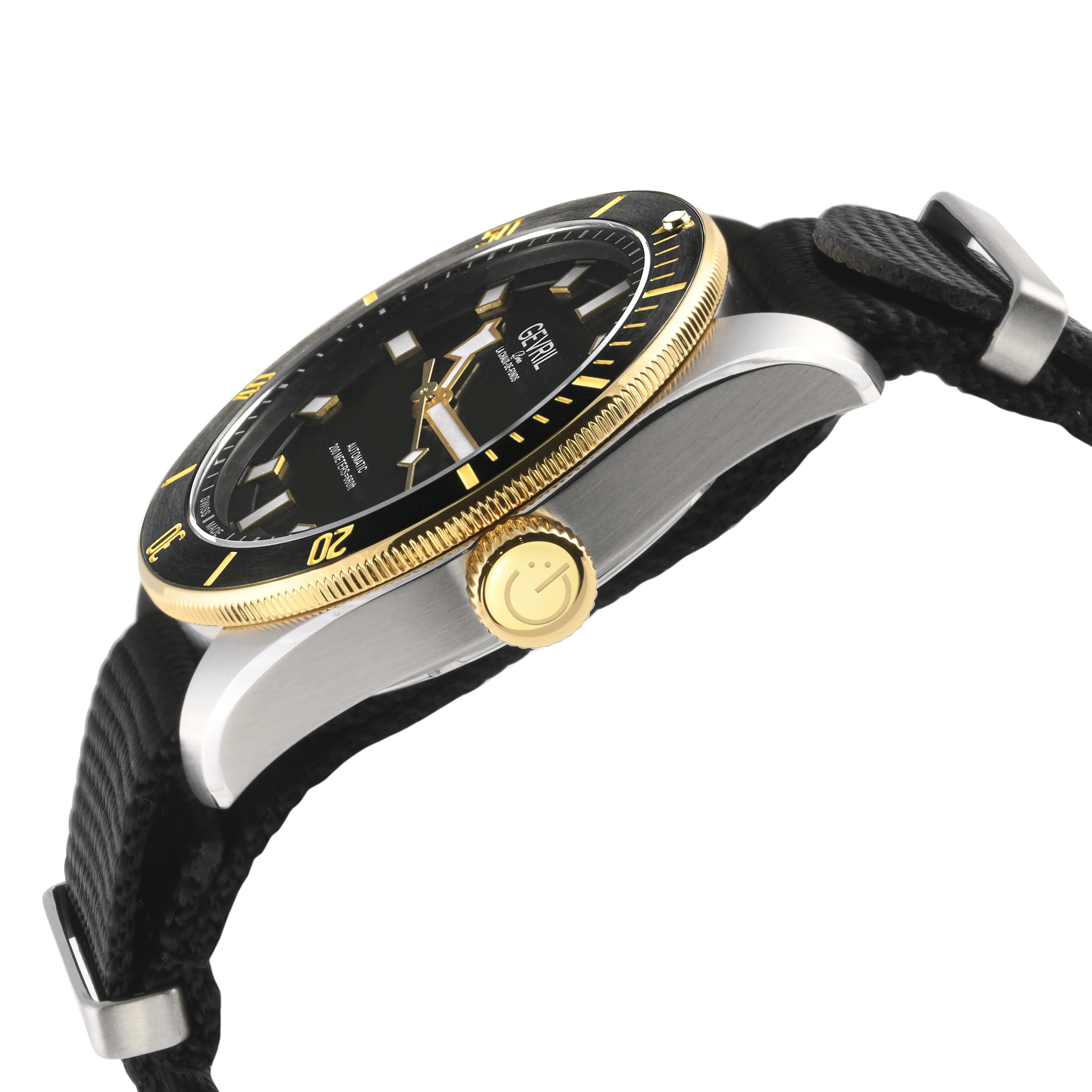 Yorkville Gevril Men's Yorkville Black Dial Sellita SW200 Swiss Automatic Rotating Bezel Two Tone Bracelet Date Luminous Watch Nato strap | Black Dial - Image 2