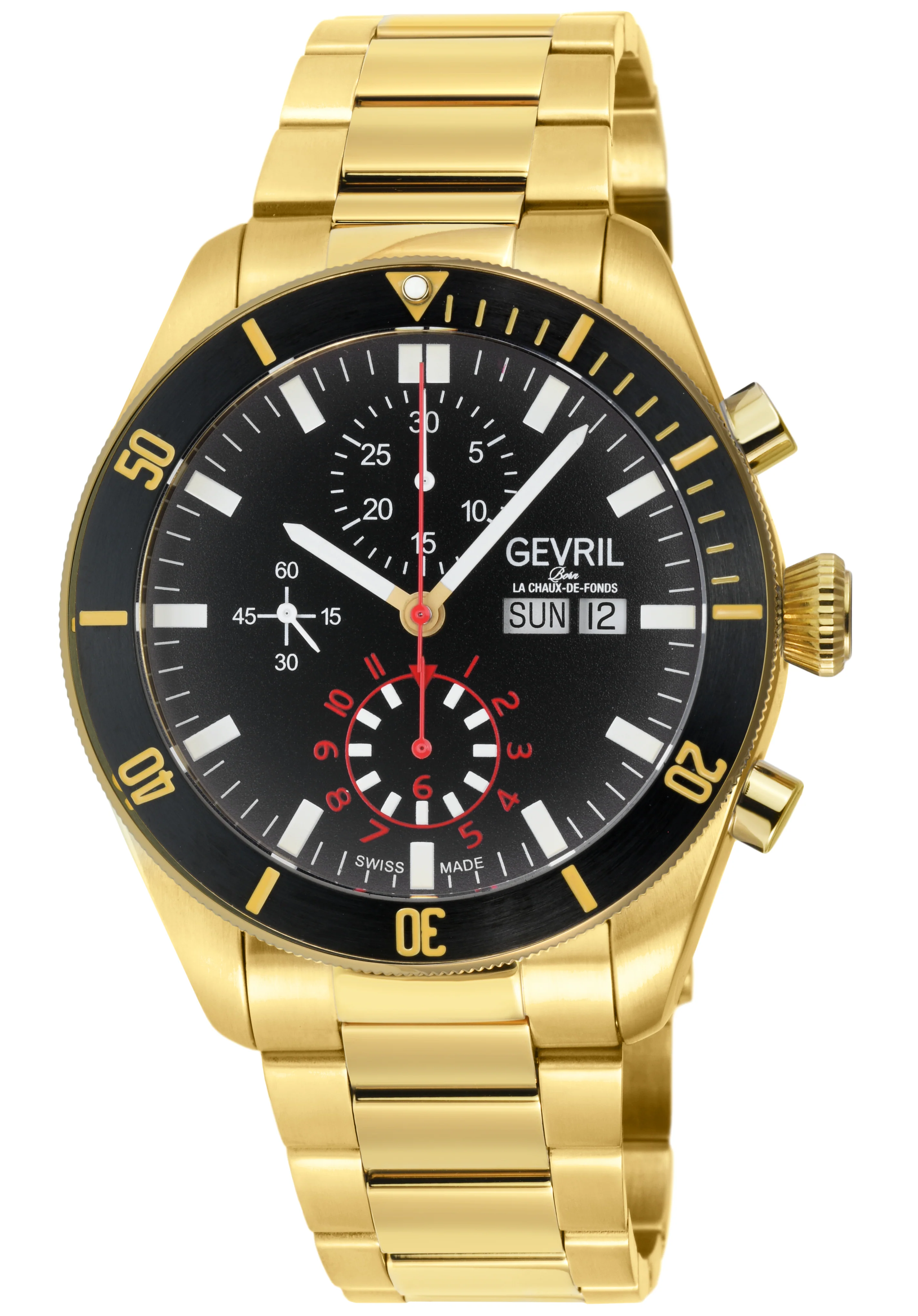 Yorkville - Chronograph Gevril Yorkville Swiss Automatic Chronograph Watch, IPYG Case, Black/Gold bezel, Gray Dial, SS/IPYG Bracelet. | Gray Dial