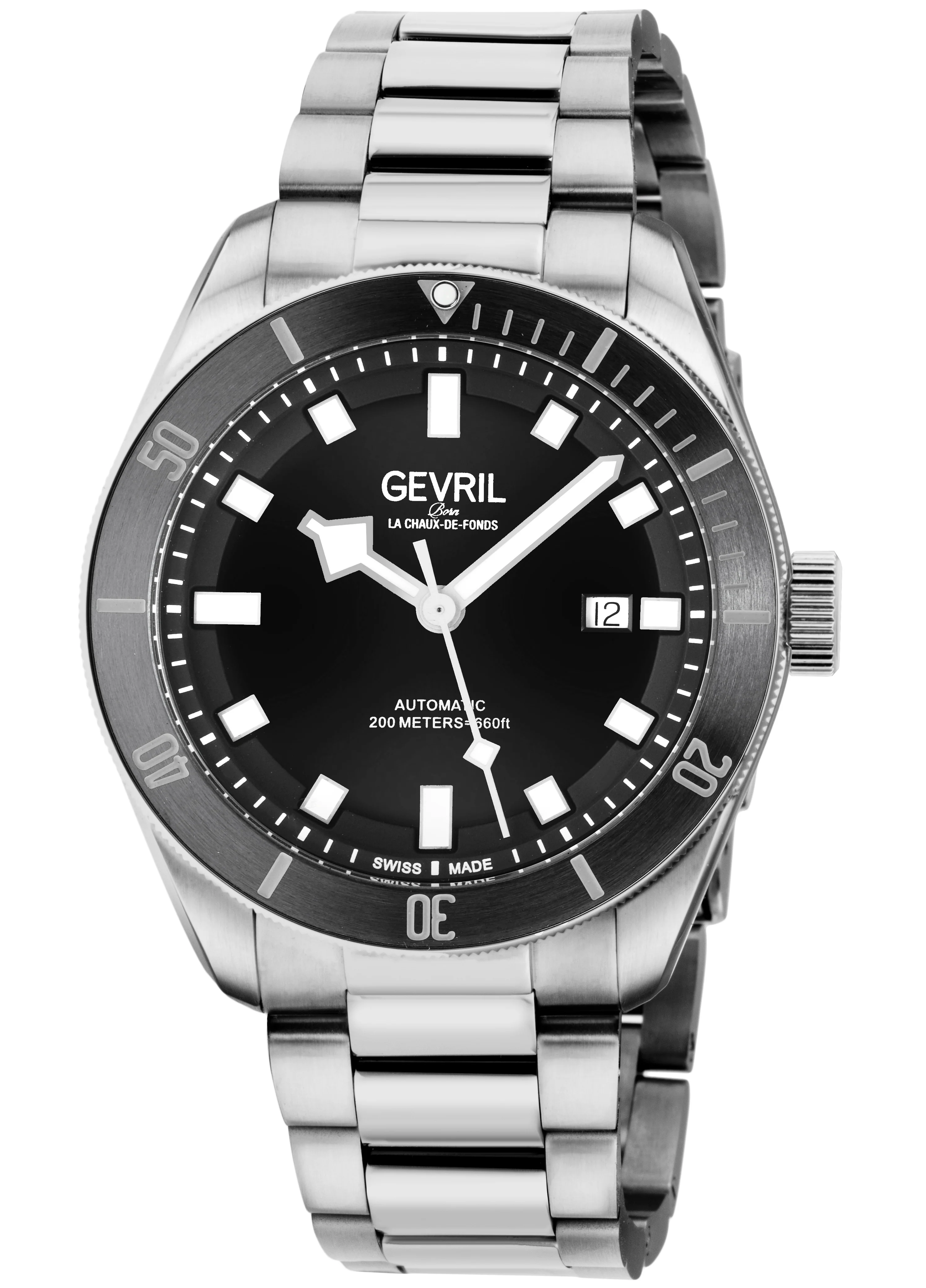 Yorkville Gevril Men's Black Dial Sellita SW200 Swiss Automatic Unidirectional Bezel Bracelet Date Luminous Watch | Black Dial